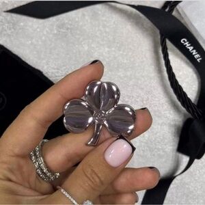 Chanel GWP Silver Four-Leaf Clover Brooch with Chanel Pouch